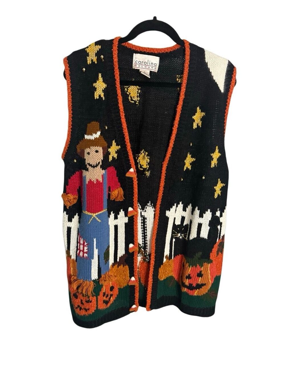 Vintage Halloween Fall Pumpkin Scarecrow Candy Corn Novelty Knit Cardigan Vest